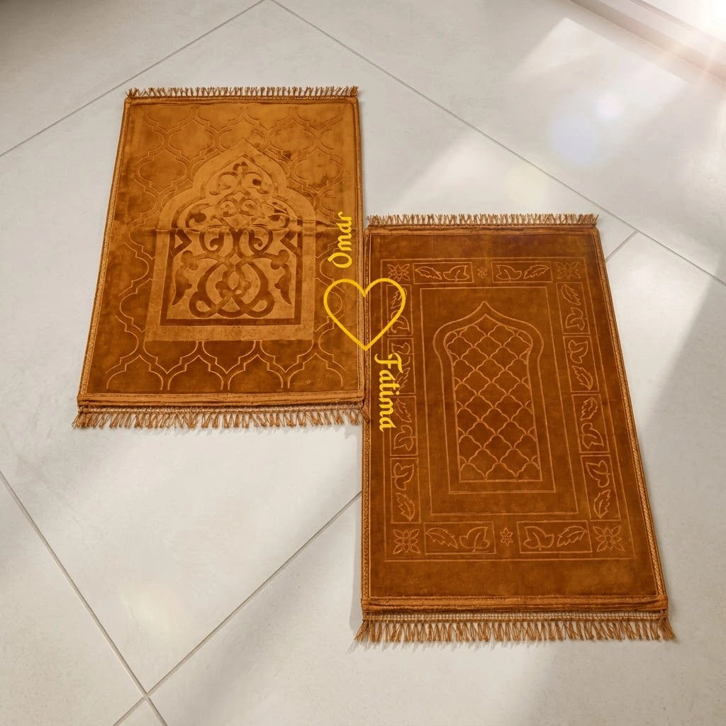 Personalized Golden Velvet Rectangle Couple Prayer Mat Set with Gold Calligraphy