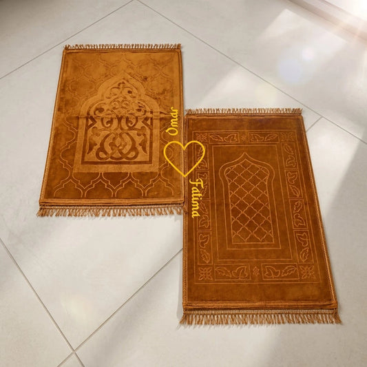 Personalized Golden Velvet Rectangle Couple Prayer Mat Set with Gold Calligraphy