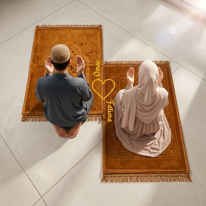 Personalized Couple Prayer Mat Set Golden Velvet Rectangle Janamaz
