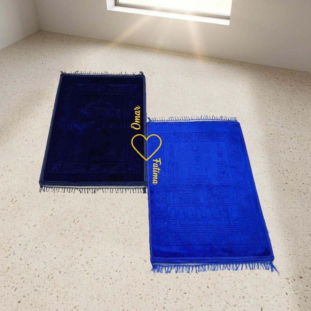 Personalized Couple Prayer Mat Set Blue Velvet Rectangle Janamaz