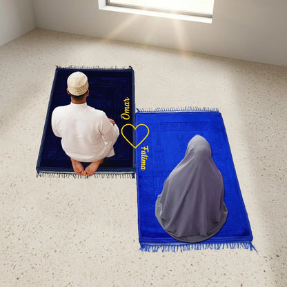 Personalized Couple Prayer Mat Set Blue Velvet Rectangle Janamaz