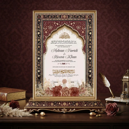 Gul-e-Rahmah personalized Islamic Nikah Nama frame with beige architectural columns and vintage floral artwork.