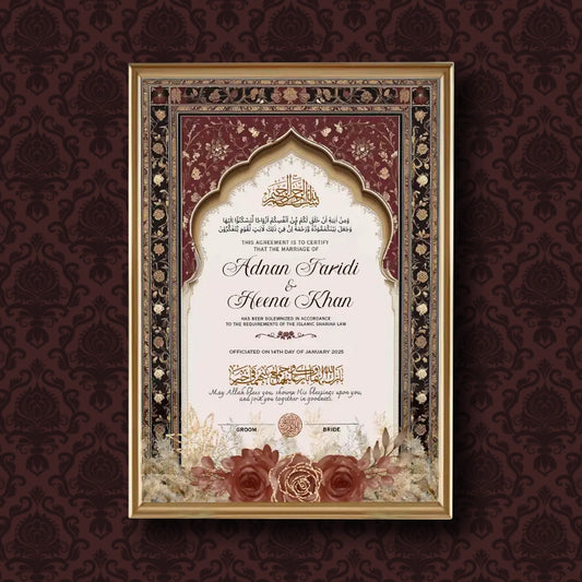 Shah-e-Surkh personalized Islamic Nikah Nama frame featuring deep crimson arch artwork and gold filigree details.
