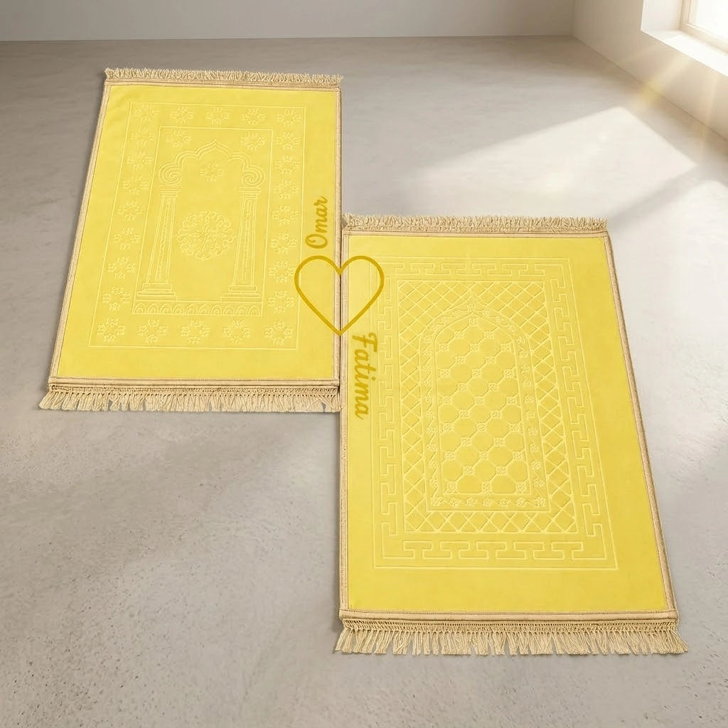 Personalized Couple Prayer Mat Set Offwhite Velvet Rectangle Janamaz