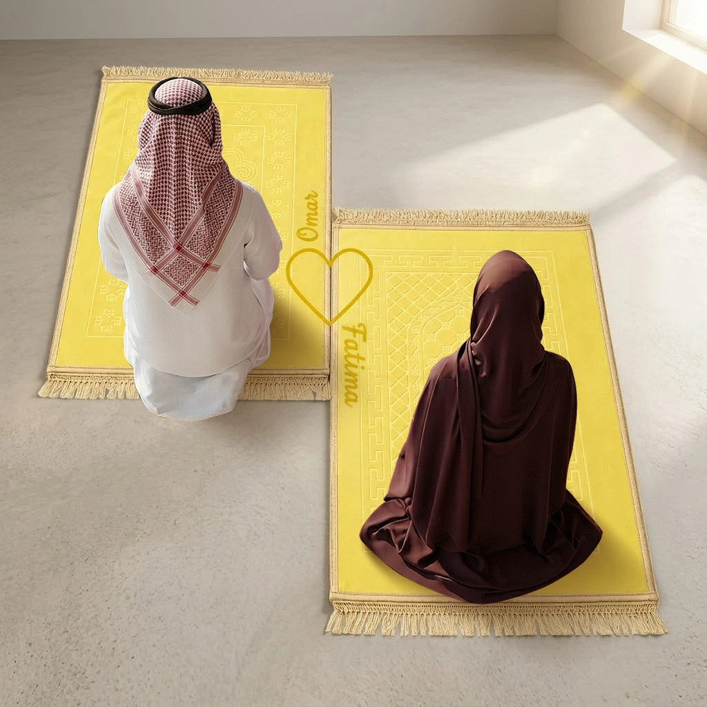 Personalized Couple Prayer Mat Set Offwhite Velvet Rectangle Janamaz