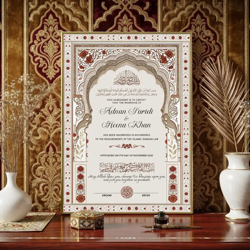 Aswad-e-Ishq personalized Islamic Nikah Nama frame featuring grey archways, traditional floral borders, and gold accents.