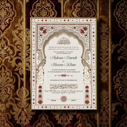 Aswad-e-Ishq personalized Islamic Nikah Nama frame featuring grey archways, traditional floral borders, and gold accents.