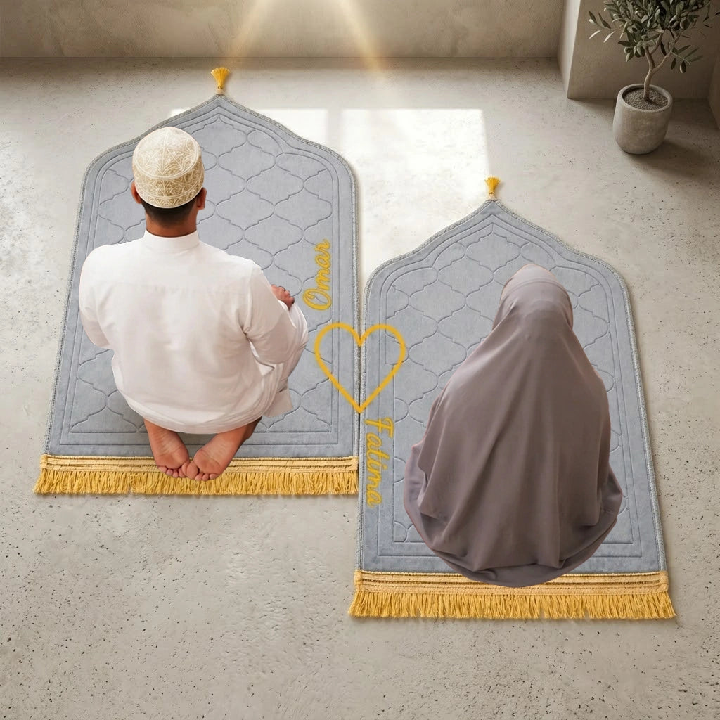 Personalized Couple Prayer Mat Set Grey Velvet Dome Janamaz