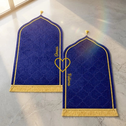 Personalized Couple Prayer Mat Set Blue Velvet Dome Janamaz