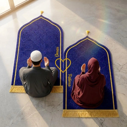 Personalized Couple Prayer Mat Set Blue Velvet Dome Janamaz
