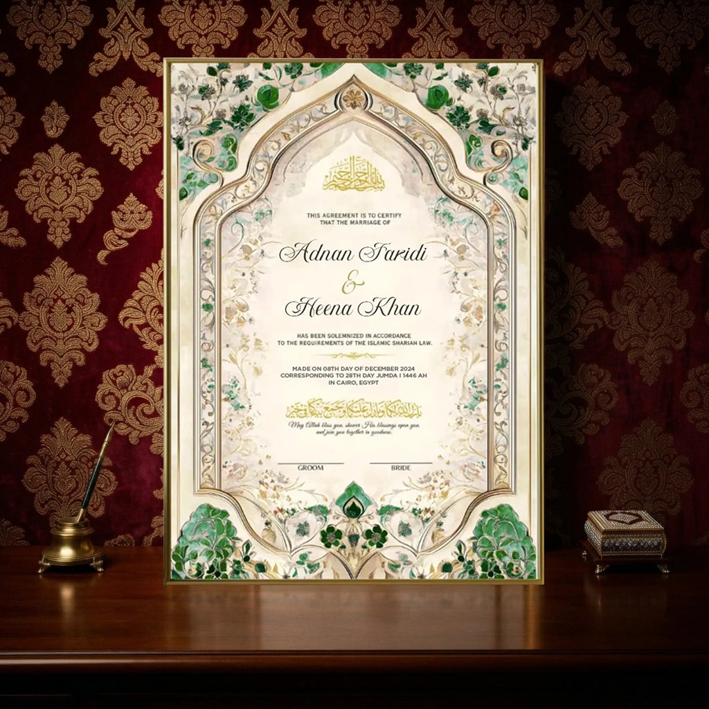 Emerald Luxury personalized Islamic Nikah Nama frame with emerald green arch motifs, gold filigree, and elegant Arabic calligraphy.