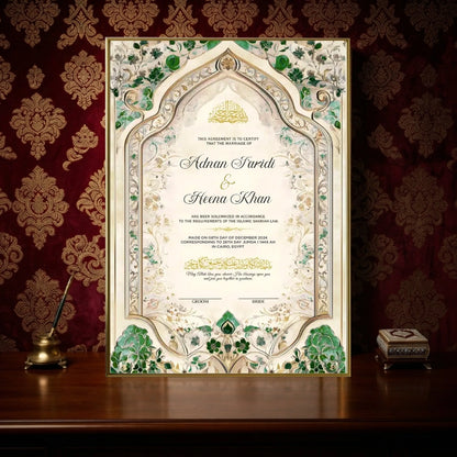 Emerald Luxury personalized Islamic Nikah Nama frame with emerald green arch motifs, gold filigree, and elegant Arabic calligraphy.