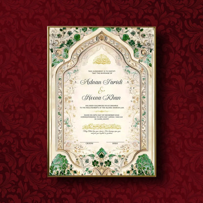 Emerald Luxury personalized Islamic Nikah Nama frame with emerald green arch motifs, gold filigree, and elegant Arabic calligraphy.