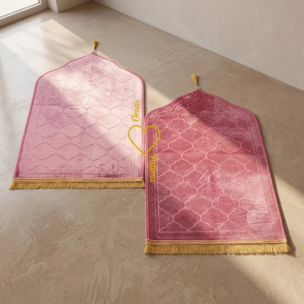 Personalized Couple Prayer Mat Set Pink Velvet Dome Janamaz