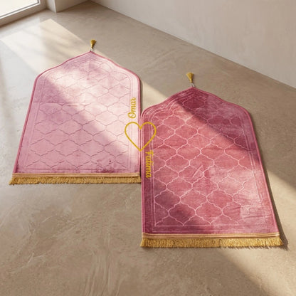 Personalized Couple Prayer Mat Set Pink Velvet Dome Janamaz