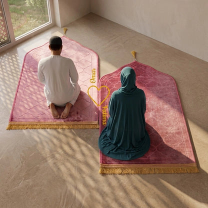 Personalized Couple Prayer Mat Set Pink Velvet Dome Janamaz