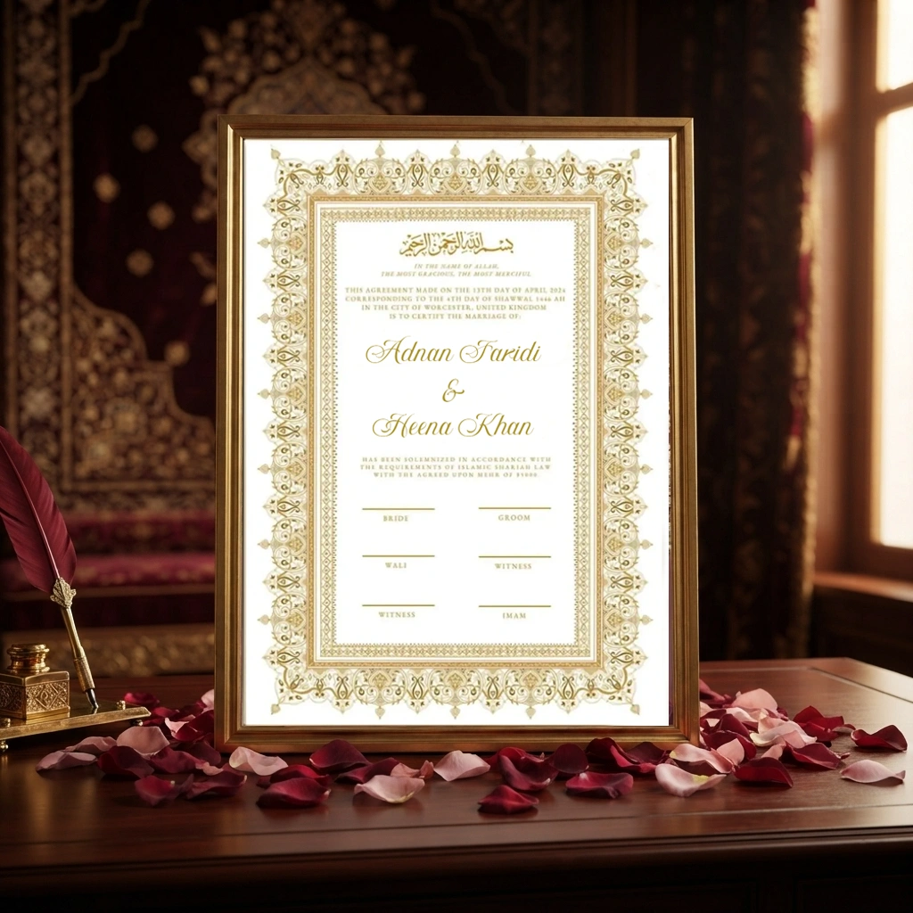 Golden Modern personalized Islamic Nikah Nama frame with gold arabesque border design and gold calligraphy.