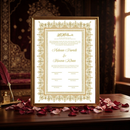 Golden Modern personalized Islamic Nikah Nama frame with gold arabesque border design and gold calligraphy.