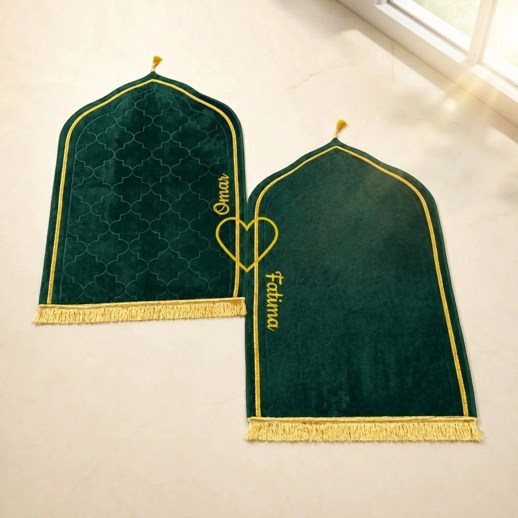 Personalized Green Velvet Couple Prayer Mat Set with Gold Calligraphy and Dome Design