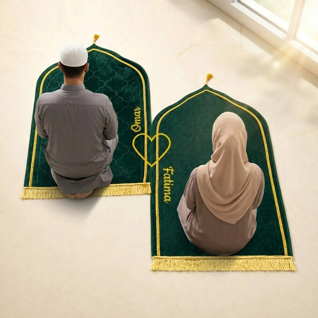 Personalized Green Velvet Couple Prayer Mat Set with Gold Calligraphy and Dome Design