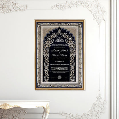 Siyah-e-Wafa Personalised Nikah Nama Frame featuring black and gold Islamic archway filigree, Arabic calligraphy, couple names, and metallic gold frame.