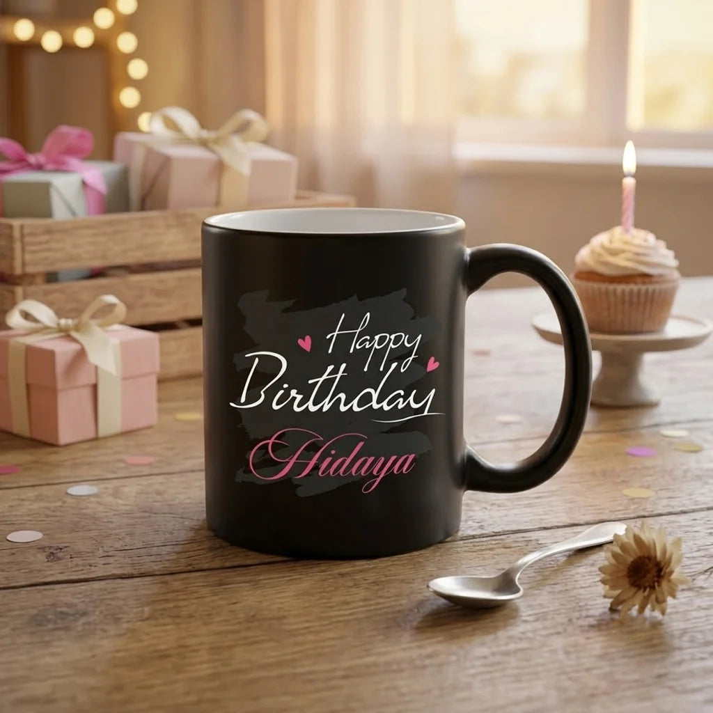Personalized Matte Black Ceramic Birthday Mug with Charcoal Brushstroke and Custom Pink Name Script
