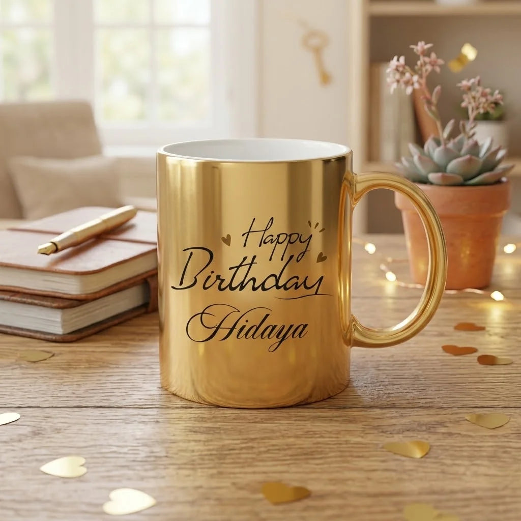 Personalized Metallic Gold Ceramic Birthday Mug with Cursive Script Calligraphy and Custom Name