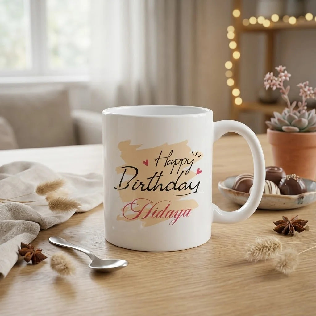 Personalized White Ceramic Birthday Mug with Beige Pastel Brushstroke and Custom Name Script
