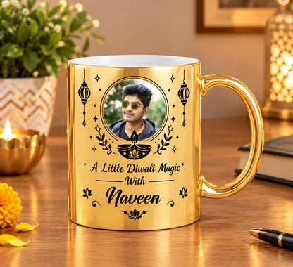 Personalized Metallic Gold Ceramic Diwali Mug with Custom Photo Frame, Black Diya Artwork, Hanging Lanterns, and Custom Name Script