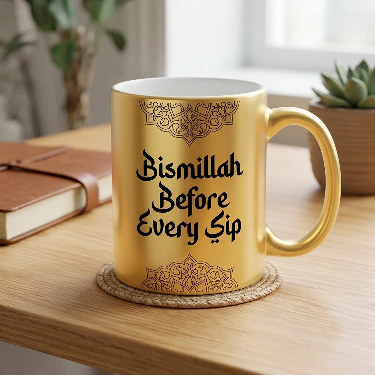 Metallic Gold Ceramic Mug with Black Bismillah Before Every Sip Calligraphy Script and Islamic Mandala Borders