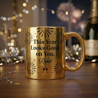 Personalized This Year Looks Good on You Festive Metallic Gold New Year Ceramic Mug | Custom Name Holiday Coffee Mug (350 ml)