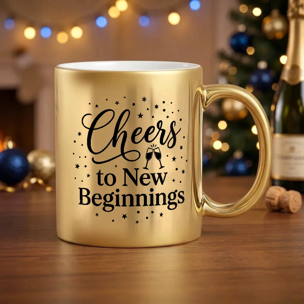 Metallic Gold Ceramic New Year Mug with Black Cheers Calligraphy Script, Clinking Champagne Glasses, and to New Beginnings Text