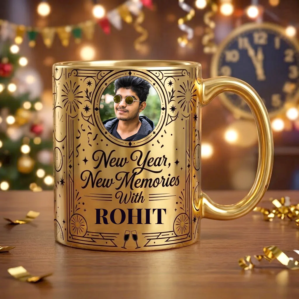 Personalized Metallic Gold Ceramic New Year Mug with Custom Photo in Medallion Frame, Black Art Deco Border, Fireworks, and New Year New Memories Name Script