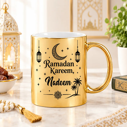 Personalized Metallic Gold Ceramic Ramadan Mug with Black Crescent Moon, Fanous Lanterns, Palm Trees, and Custom Name Script