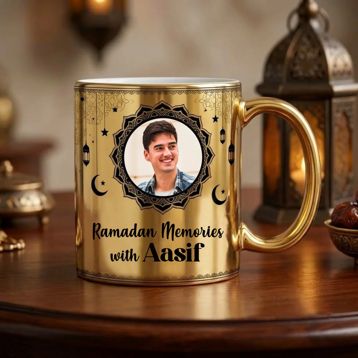 Personalized Metallic Gold Ceramic Ramadan Mug with Custom Photo in Black Mandala Frame, Crescent Moons, Lanterns, and Custom Name Script