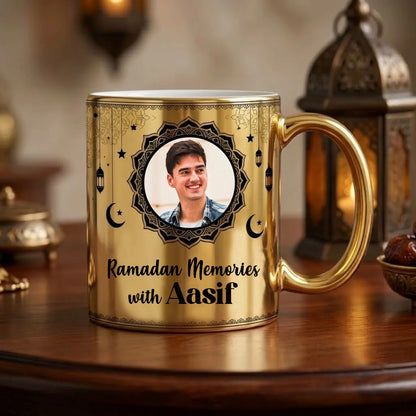 Personalized Metallic Gold Ceramic Ramadan Mug with Custom Photo in Black Mandala Frame, Crescent Moons, Lanterns, and Custom Name Script
