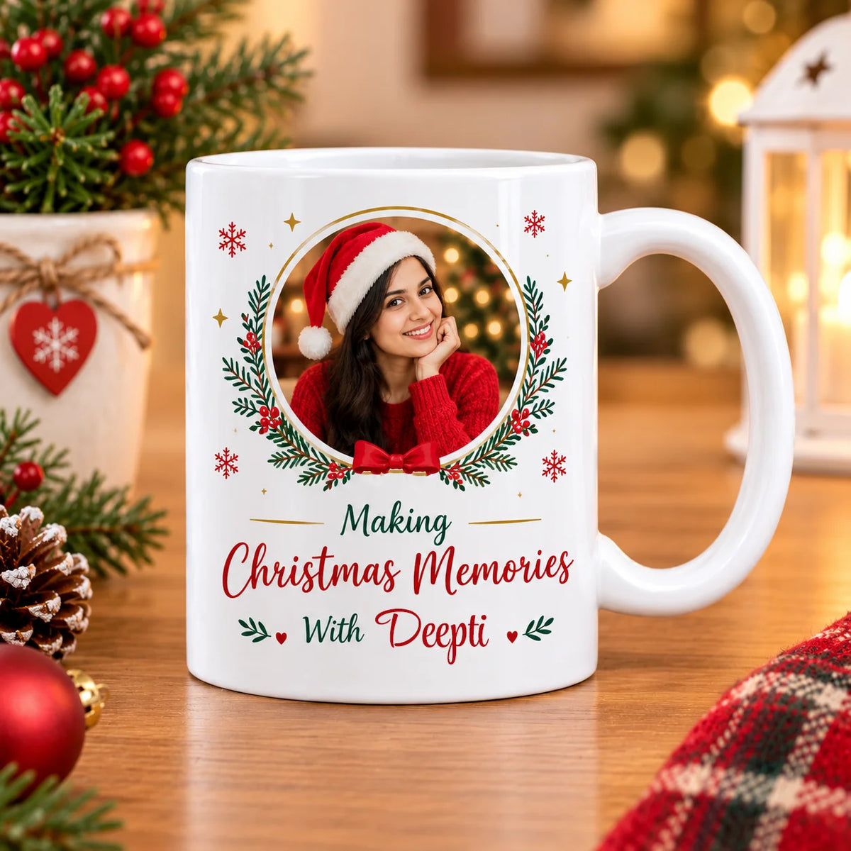 Personalized White Ceramic Christmas Mug with Custom Photo Frame, Wreath, and Name Script