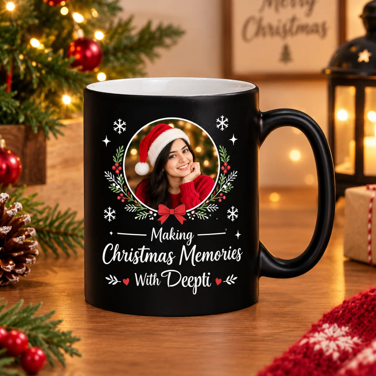Personalized Matte Black Ceramic Christmas Mug with Custom Photo Frame, Wreath, and Name Script