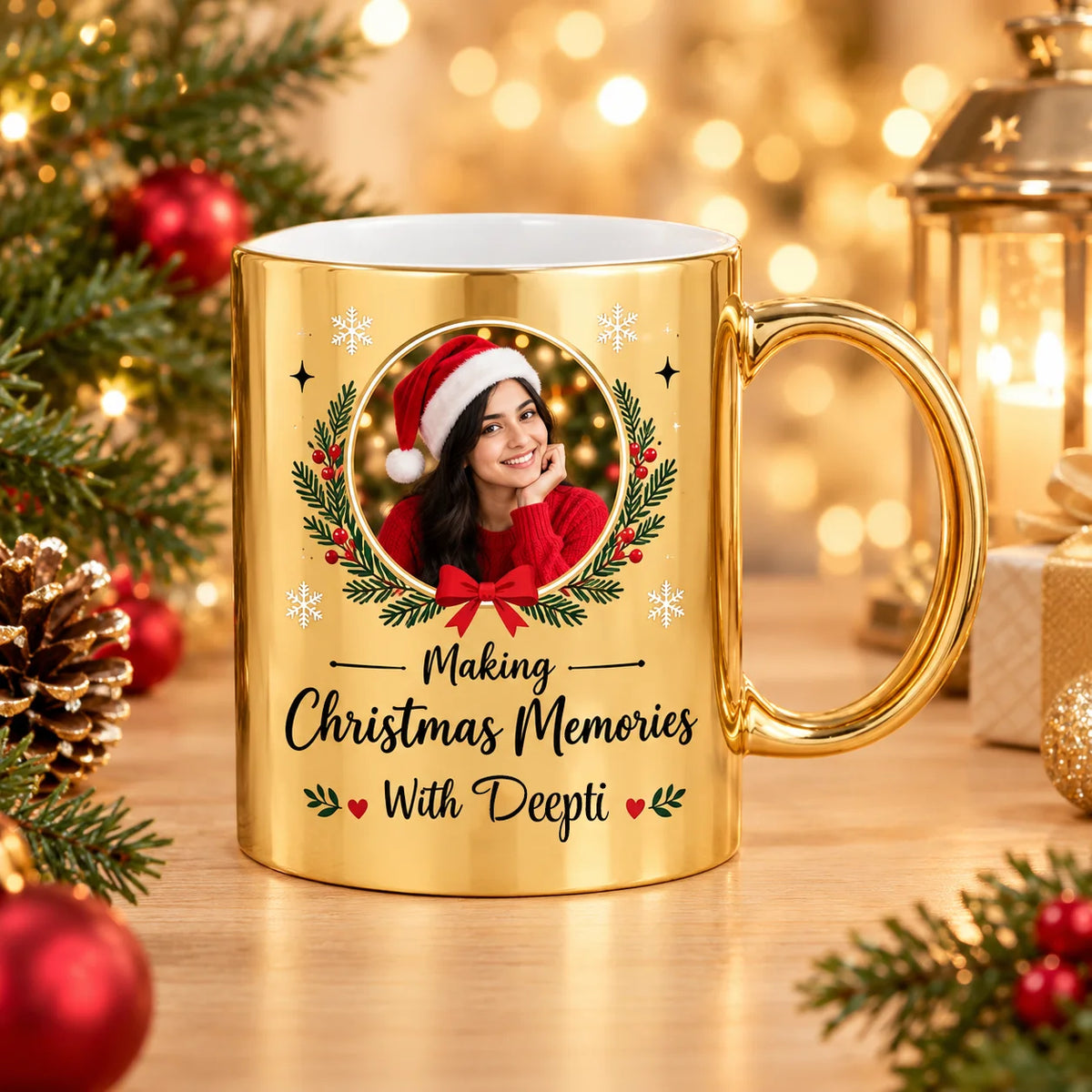 Personalized Metallic Gold Christmas Photo & Name Ceramic Mug | Custom Holiday Picture Coffee Mug (350 ml)