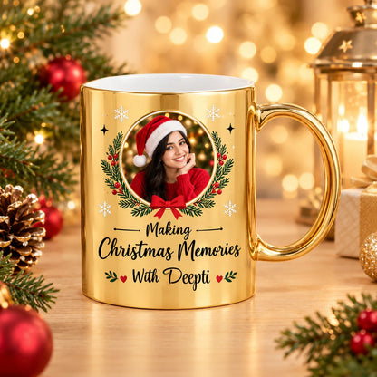 Personalized Metallic Gold Christmas Photo & Name Ceramic Mug | Custom Holiday Picture Coffee Mug (350 ml)