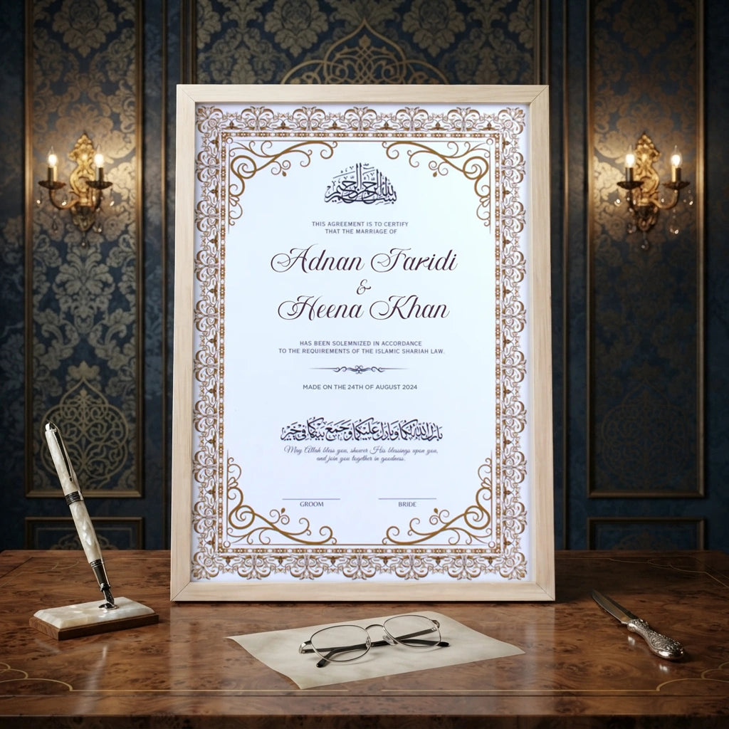 Golden Classic personalized Islamic Nikah Nama frame with gold filigree border design, corner flourishes, and elegant Arabic calligraphy.