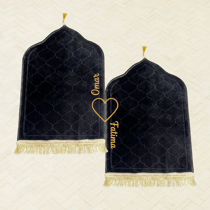 Personalized Black Velvet Couple Prayer Mat Set with Gold Calligraphy and Dome Design