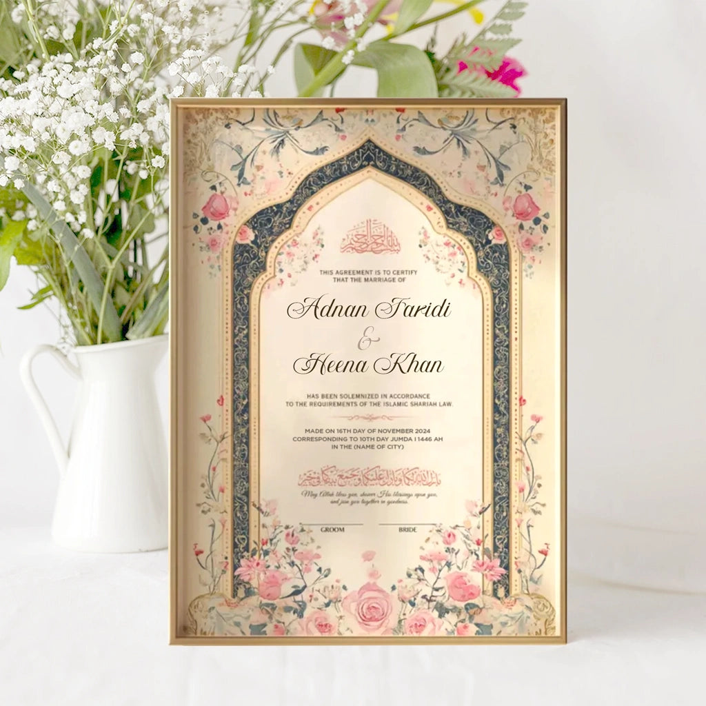 Dome Classic Floral personalized Islamic Nikah Nama frame with navy archway design, blooming pink roses, and elegant calligraphy.
