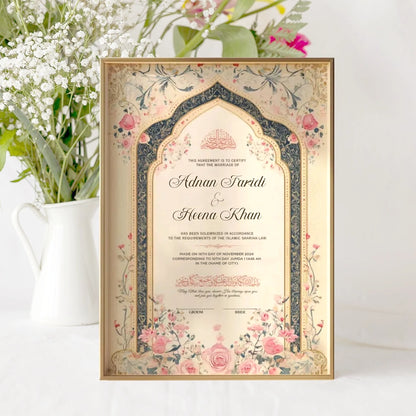 Dome Classic Floral personalized Islamic Nikah Nama frame with navy archway design, blooming pink roses, and elegant calligraphy.