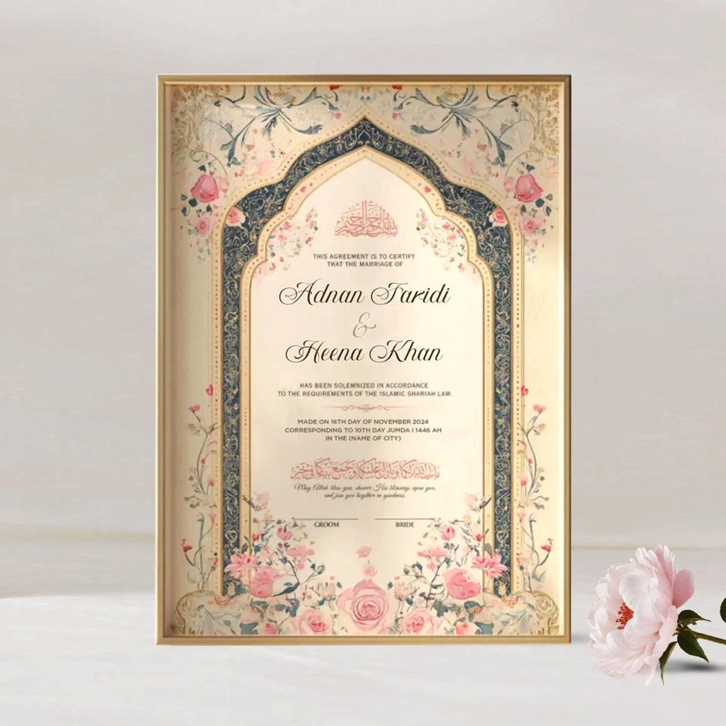 Dome Classic Floral personalized Islamic Nikah Nama frame with navy archway design, blooming pink roses, and elegant calligraphy.