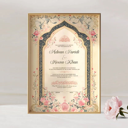 Dome Classic Floral personalized Islamic Nikah Nama frame with navy archway design, blooming pink roses, and elegant calligraphy.