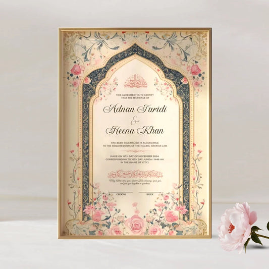 Dome Classic Floral personalized Islamic Nikah Nama frame with navy archway design, blooming pink roses, and elegant calligraphy.