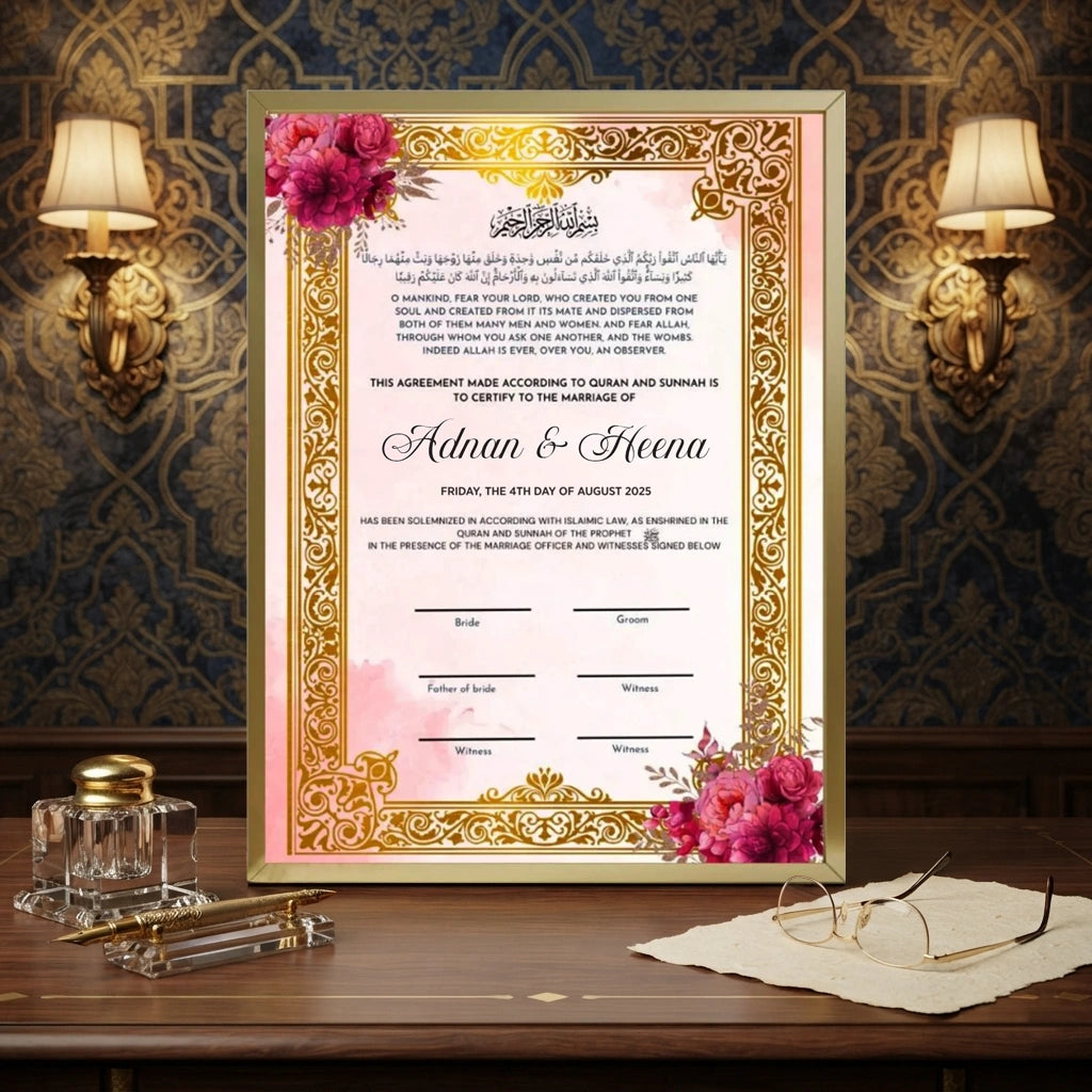 Golden Legacy personalized Islamic Nikah Nama frame with gold filigree border and magenta rose floral clusters.
