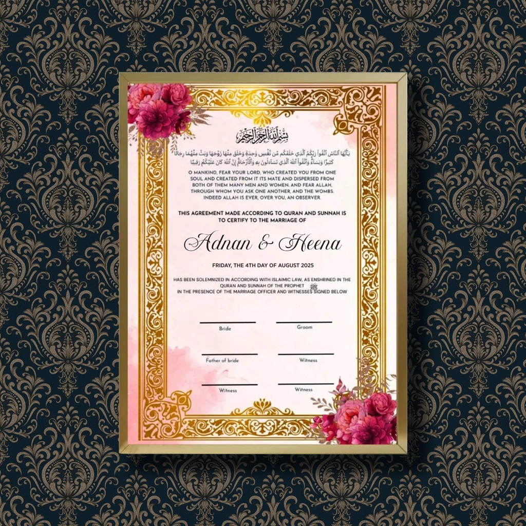 Golden Legacy personalized Islamic Nikah Nama frame with gold filigree border and magenta rose floral clusters.