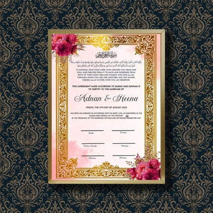 Golden Legacy personalized Islamic Nikah Nama frame with gold filigree border and magenta rose floral clusters.